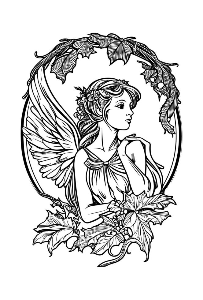 beautiful angel leaf and wings ornament hand drawn illustration vector