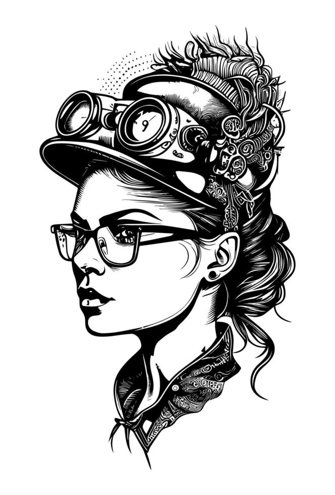 Steampunk beautiful Girl with glasses and hat illustration vector