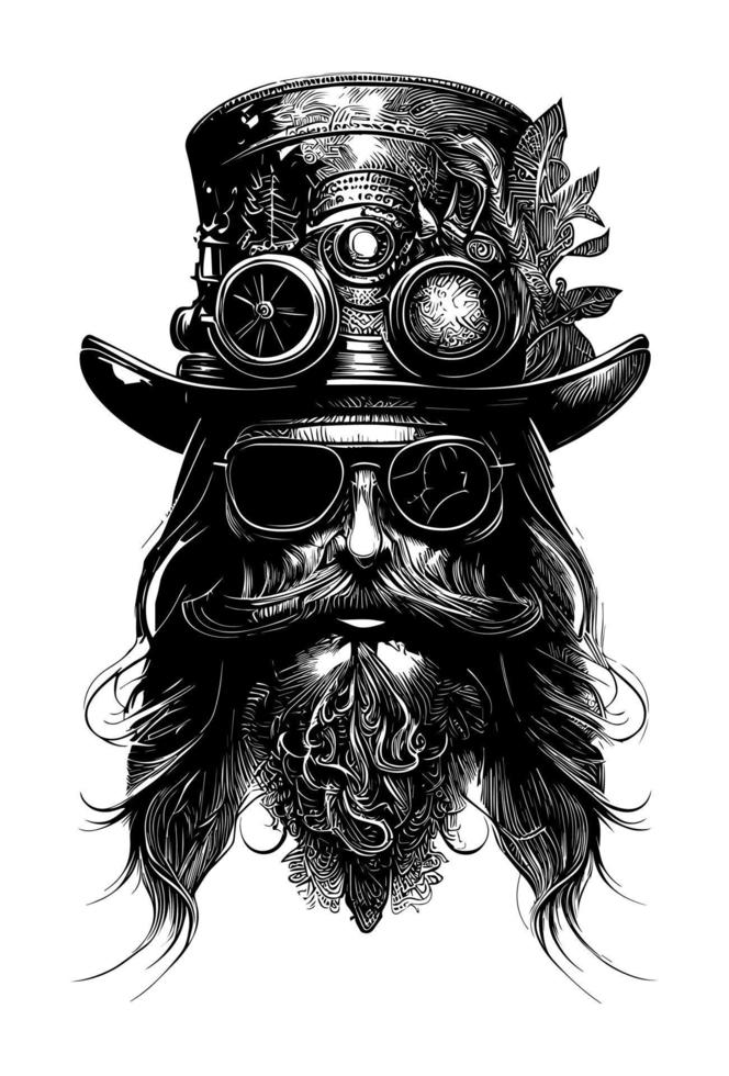 Skull head with moustache wearing sunglass and hat musician hand drawn illustration vector