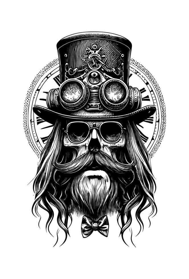 Skull head with moustache wearing sunglass and hat musician hand drawn illustration vector