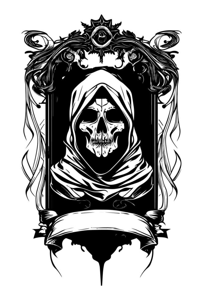 cráneo cabeza heráldico bandera negro y blanco mano dibujado ilustración vector