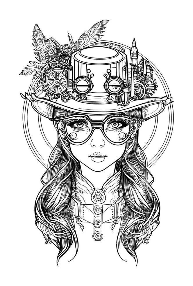 Steampunk beautiful Girl with glasses and hat illustration vector