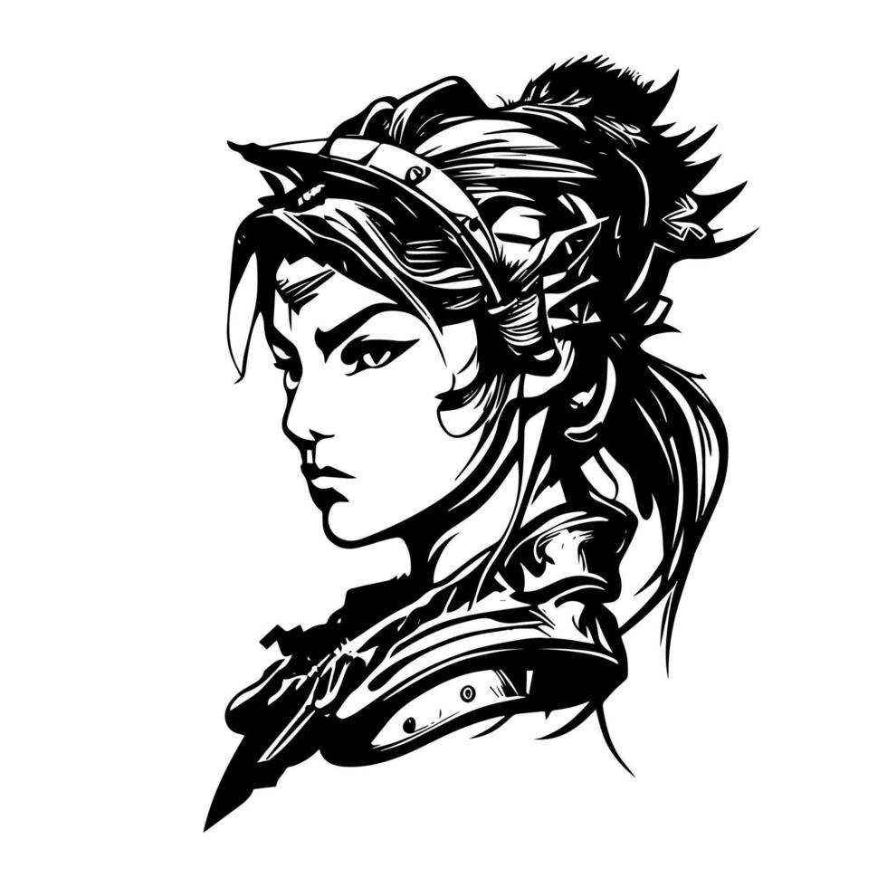 Japan samurai girl logo black and white hand drawn illustration vector