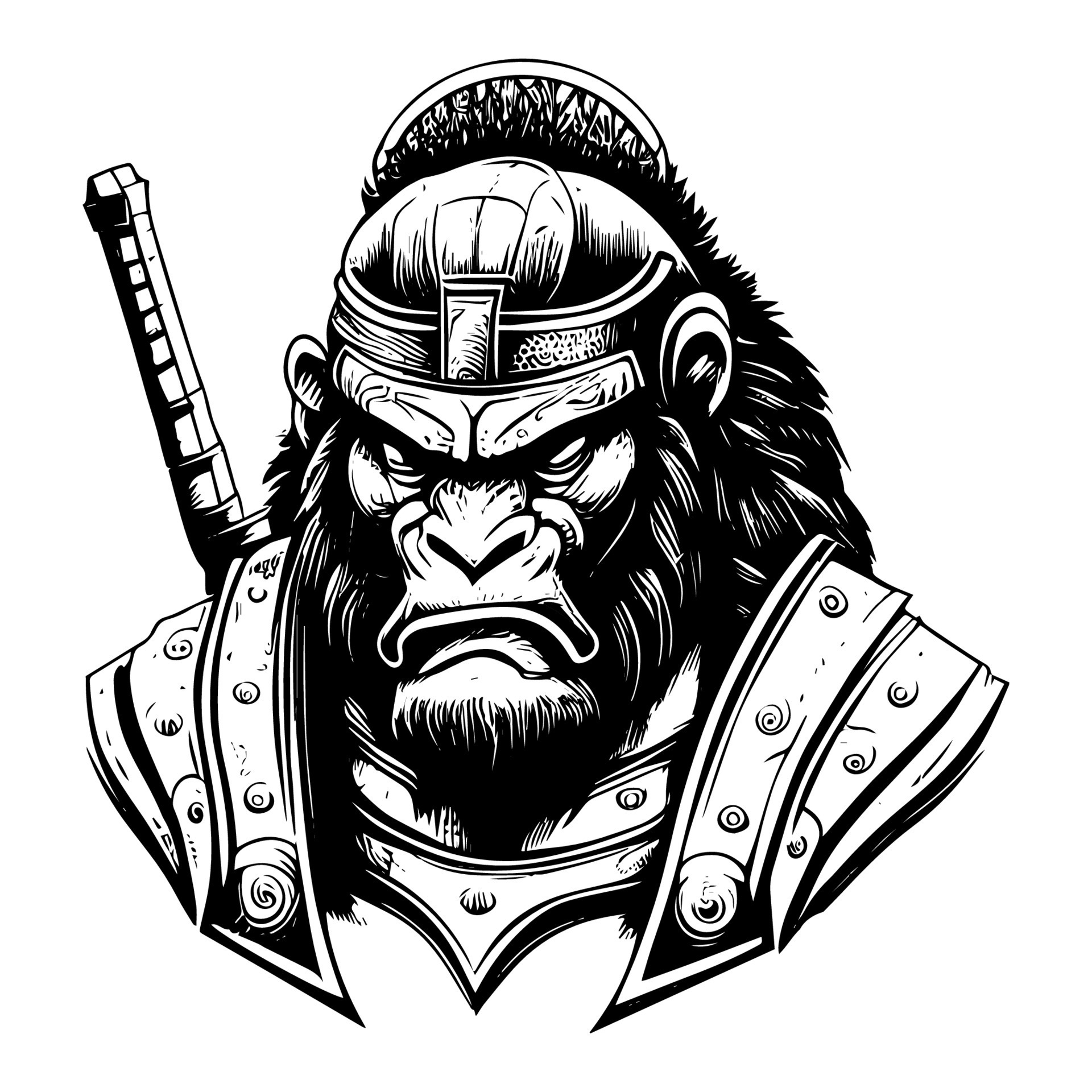 Angry samurai gorilla logo black and white hand drawn illustration