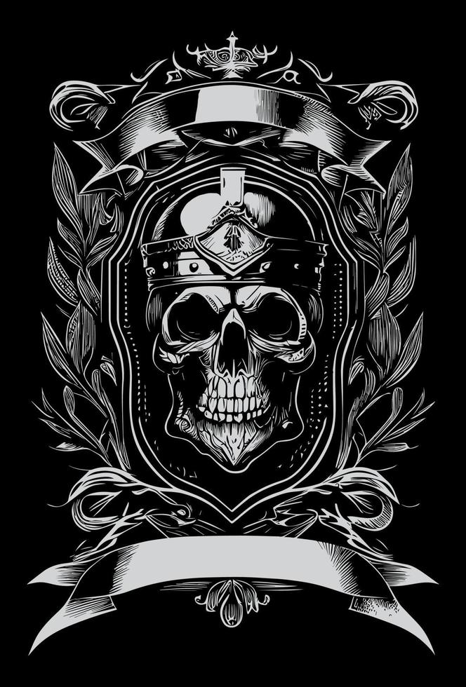 skull head heraldic banner black and white hand drawn illustration vector