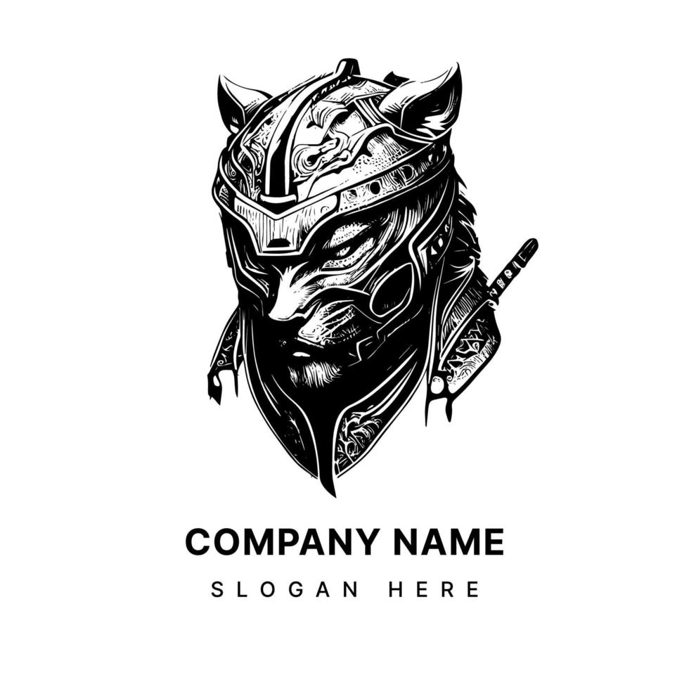 Angry samurai tiger illustration logo black and white hand drawn illustration vector