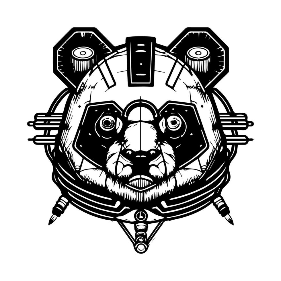 panda cabeza logo mano dibujado ilustración negro y blanco vector