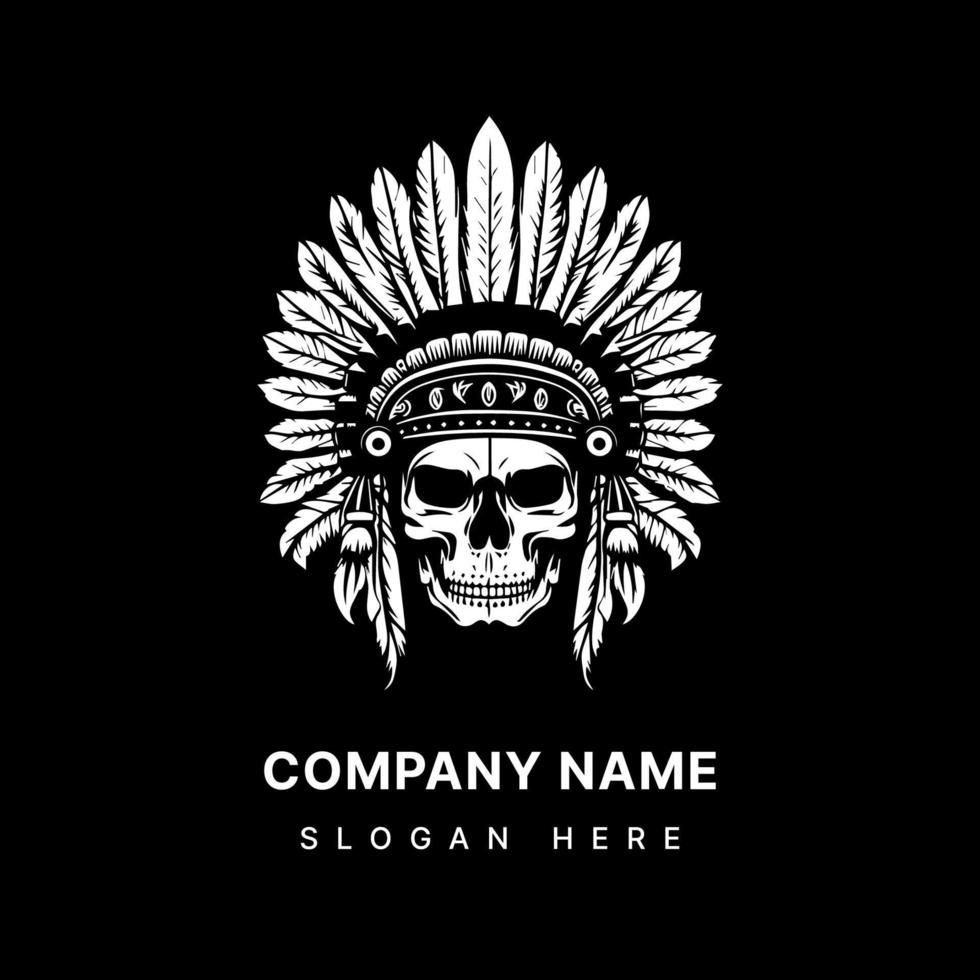 skull head with native american indian chief accessories logo hand drawn illustration vector
