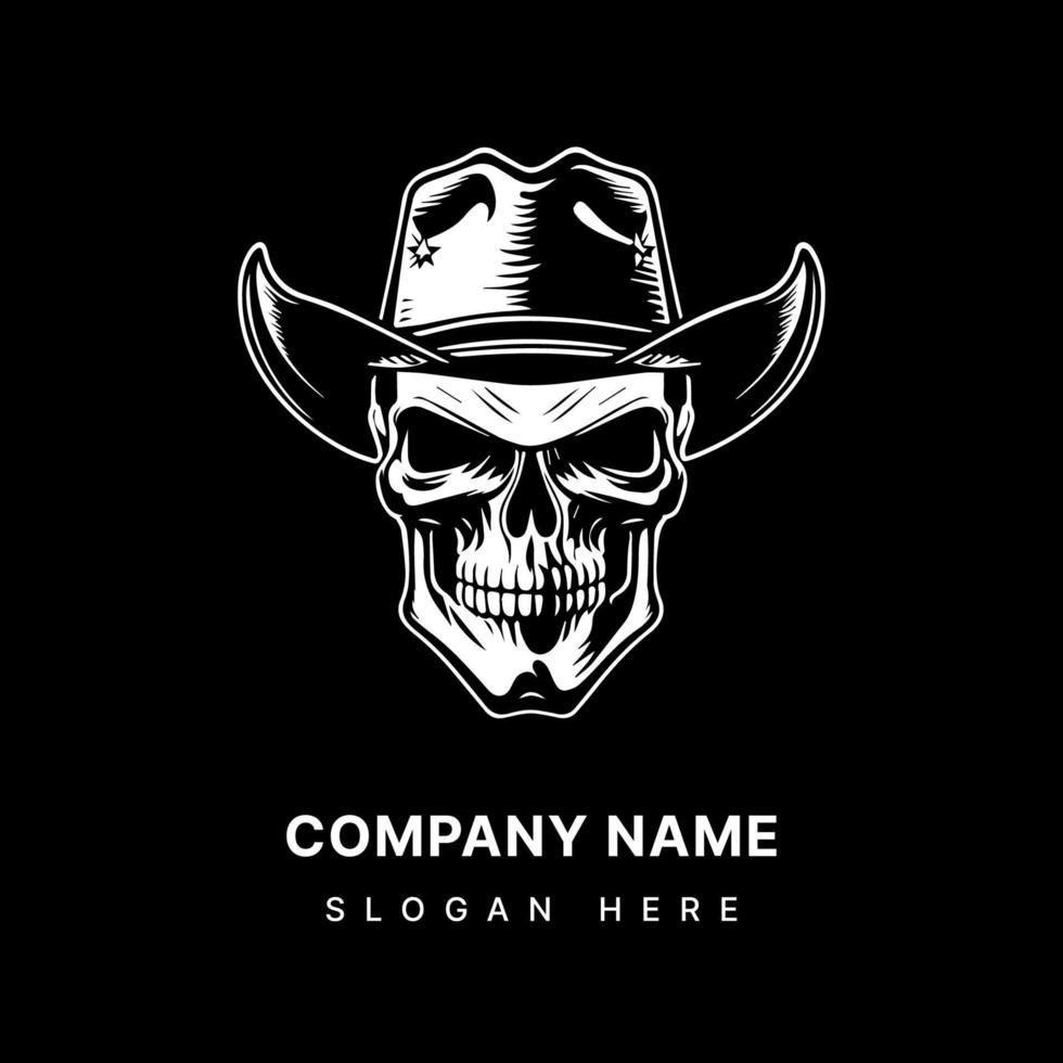 Skull head with cowboy hat white ink hand drawn illustration vector