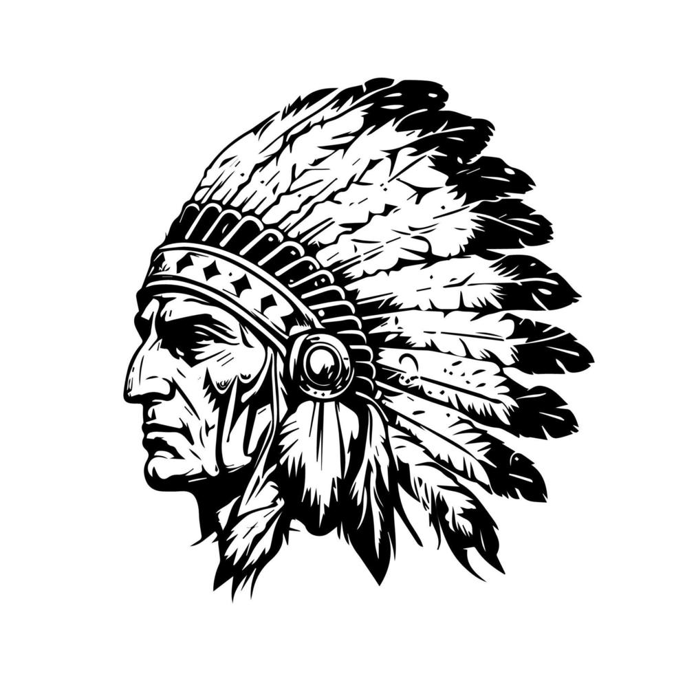 native american indian chief head logo hand drawn illustration vector