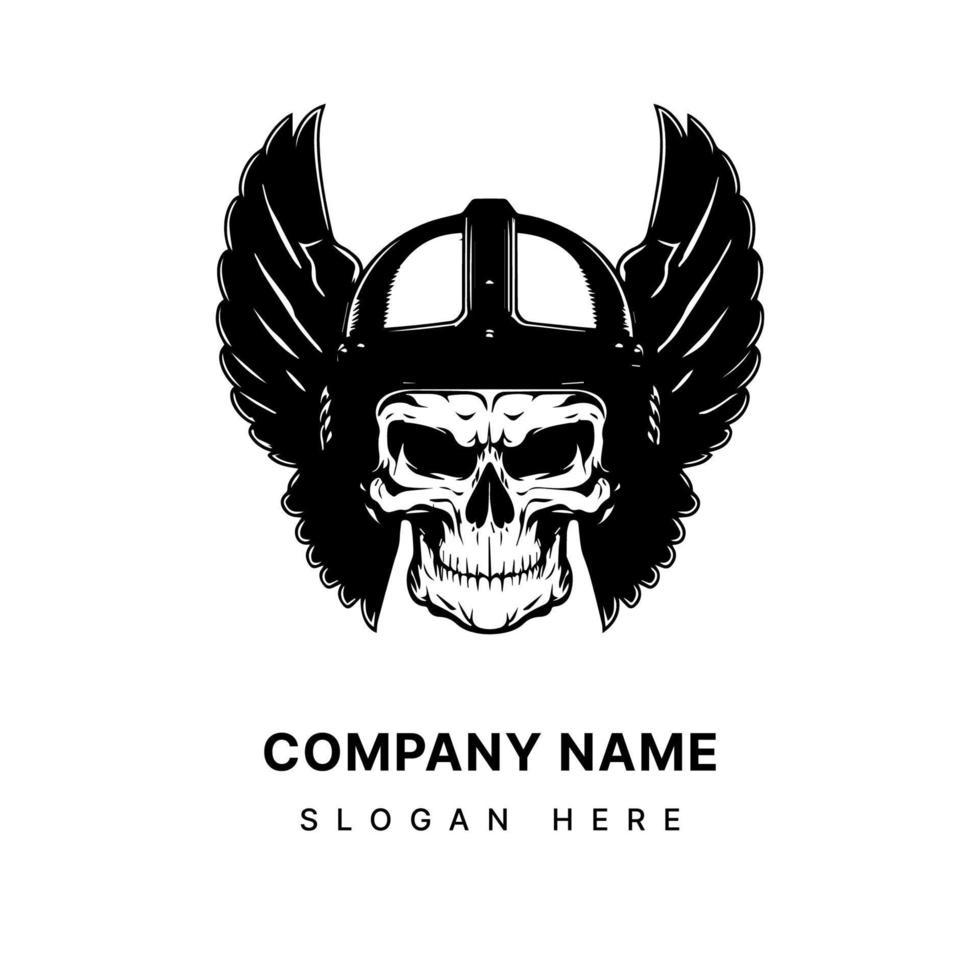 skull head with helmet wings black and white hand drawn illustration vector