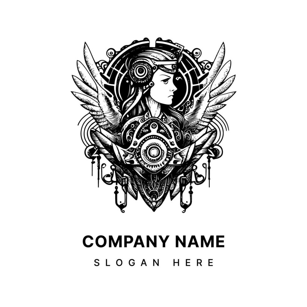 Steampunk Ingenue logo embodies the spirit of adventure and ingenuity that defines the Steampunk subculture. With her leather corset, brass goggles, and clockwork accessories vector