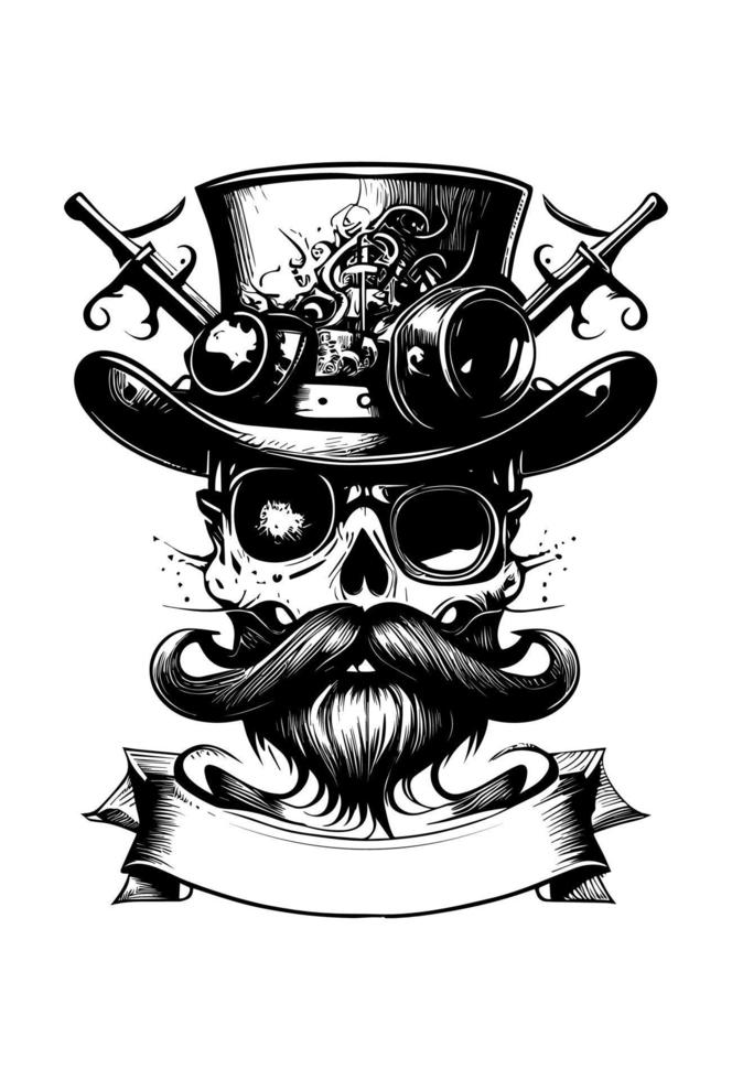 Skull head with moustache wearing sunglass and hat musician hand drawn illustration vector
