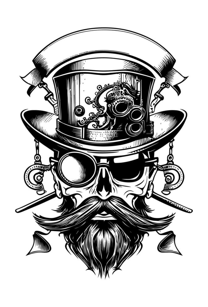 Skull head with moustache wearing sunglass and hat musician hand drawn illustration vector