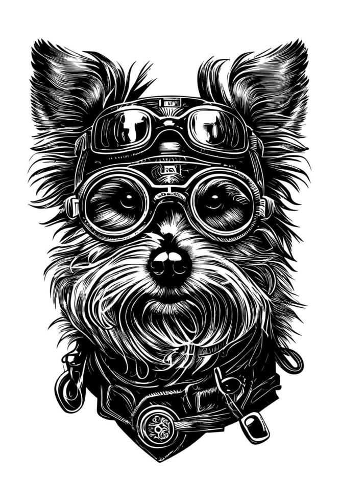 linda perro cabeza con gafas de sol y sombrero mano dibujado ilustración vector