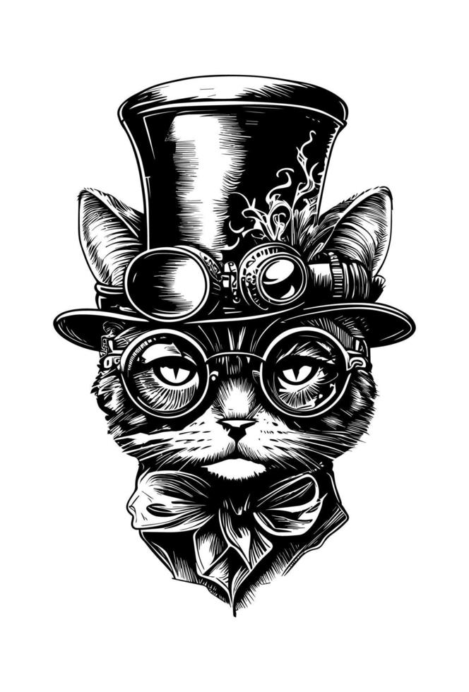 espía gato cabeza con gafas de sol y sombrero mano dibujado ilustración vector