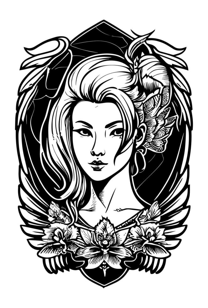 Beautiful girl angel black and white hand drawn illustration vector
