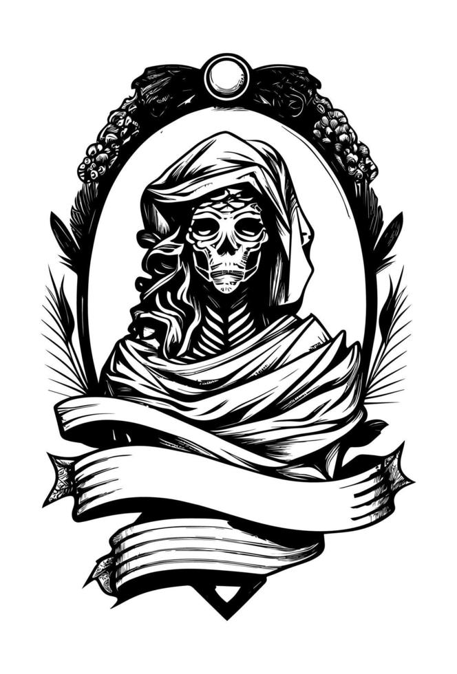 de miedo momia niña negro y blanco mano dibujado ilustración con heráldico bandera para copyspace logo vector