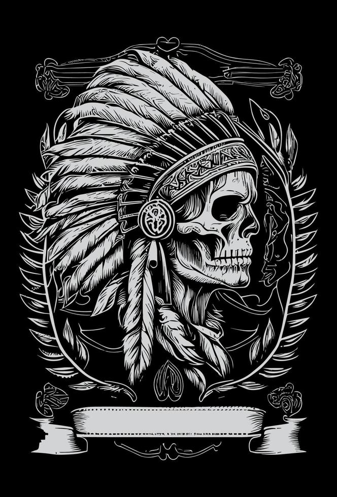 Indian skull black and white hand drawn illustration vector