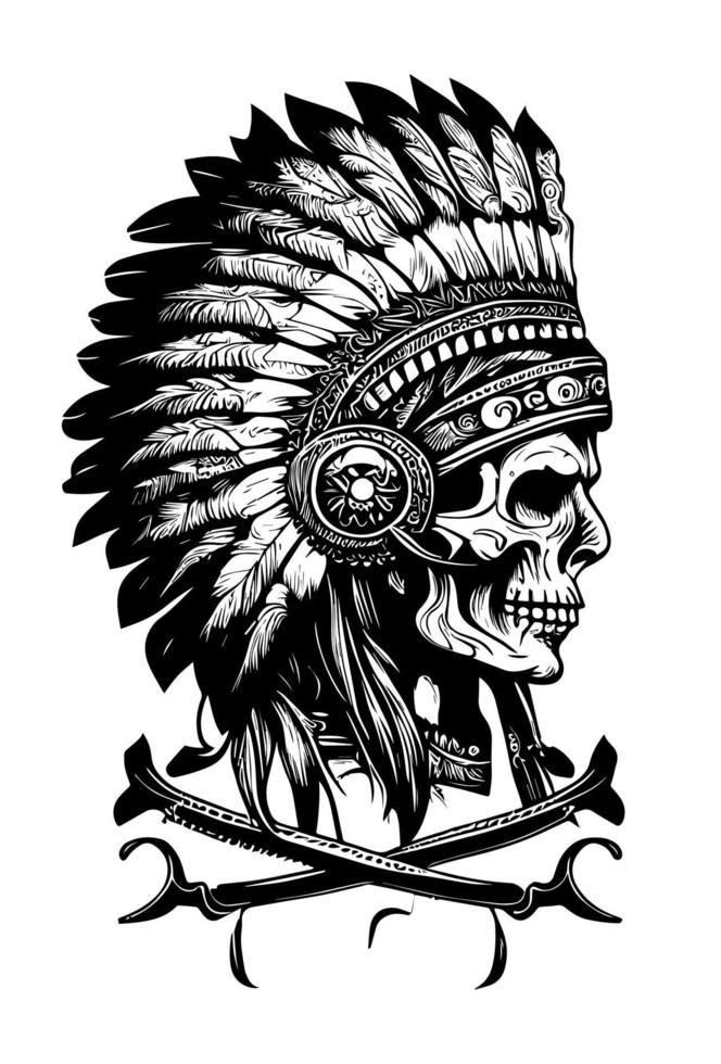 Indian skull black and white hand drawn illustration vector