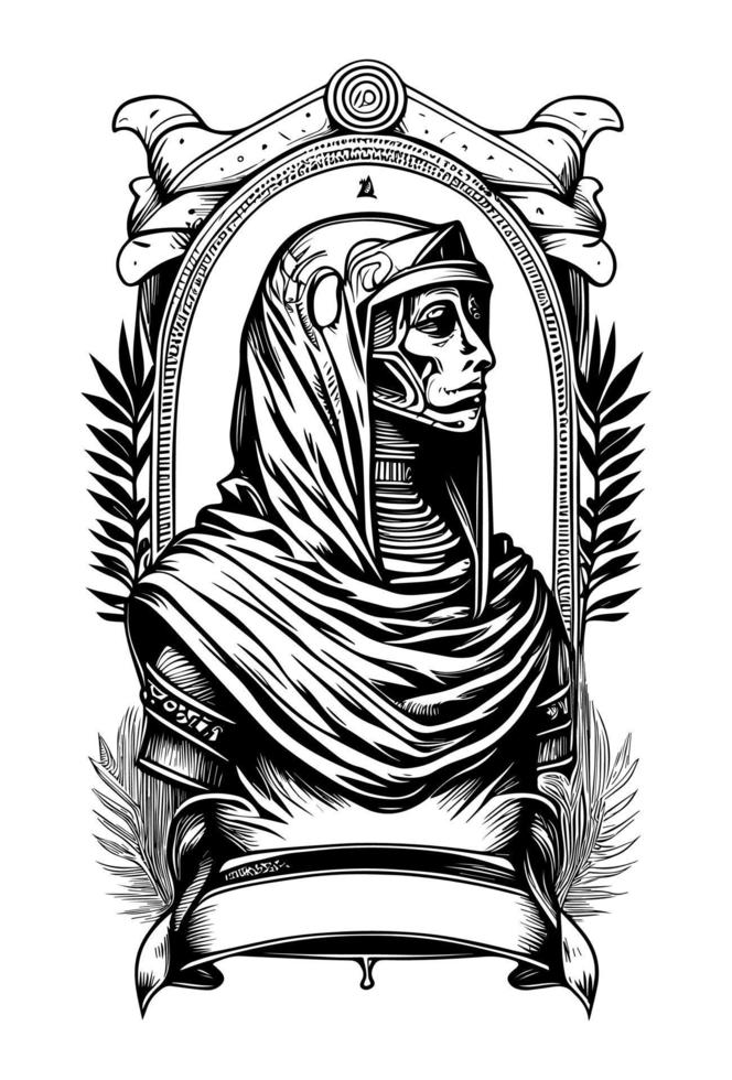 scary Mummy girl black and white hand drawn illustration with heraldic banner for copyspace logo vector