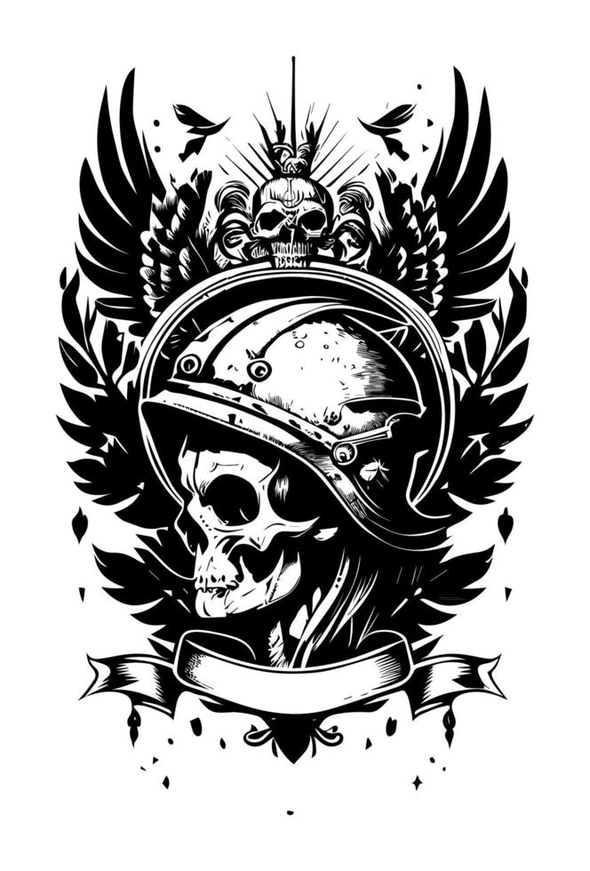 skull motorcycle biker wearing sunglass and helmet black and white hand drawn illustration vector