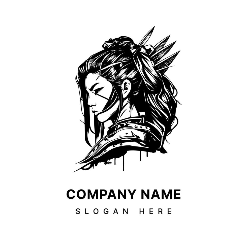 Japan samurai girl logo black and white hand drawn illustration vector