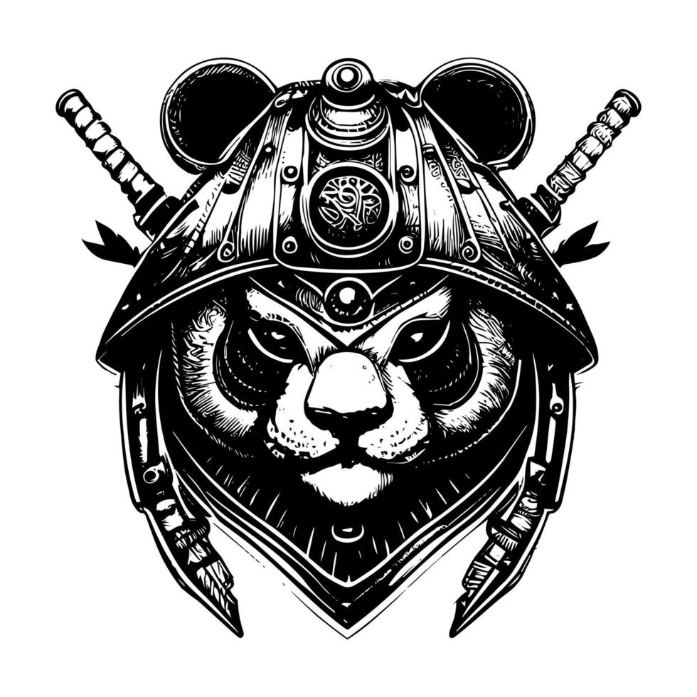 enojado samurai panda logo negro y blanco mano dibujado ilustración vector