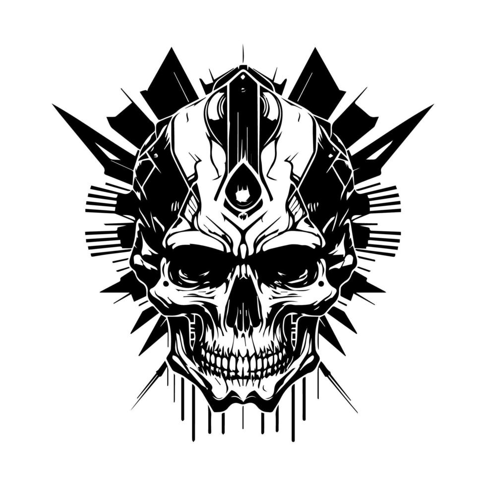 skull head logo black and white ink hand drawn illustration vector