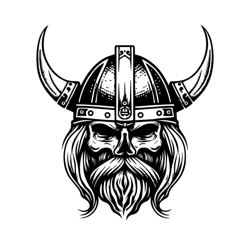 Viking Head Logo hand drawn black and white Illustration vector