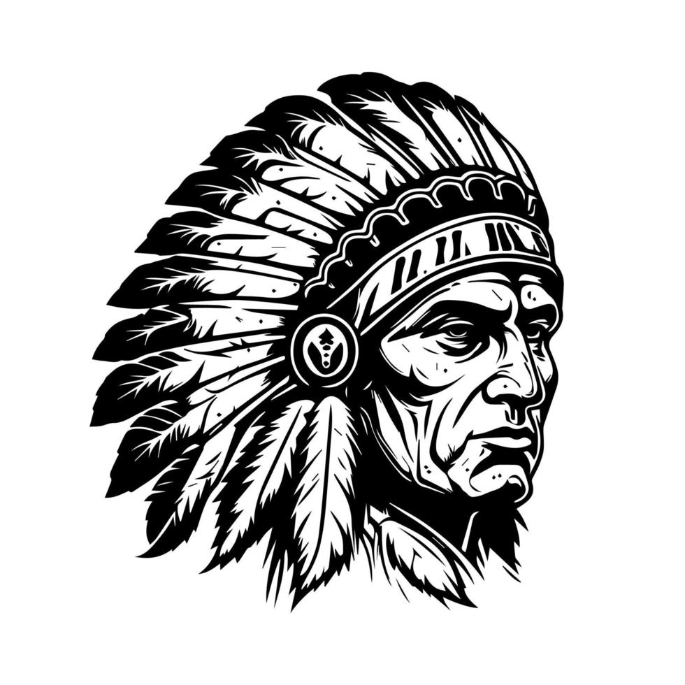 native american indian chief head logo hand drawn illustration vector