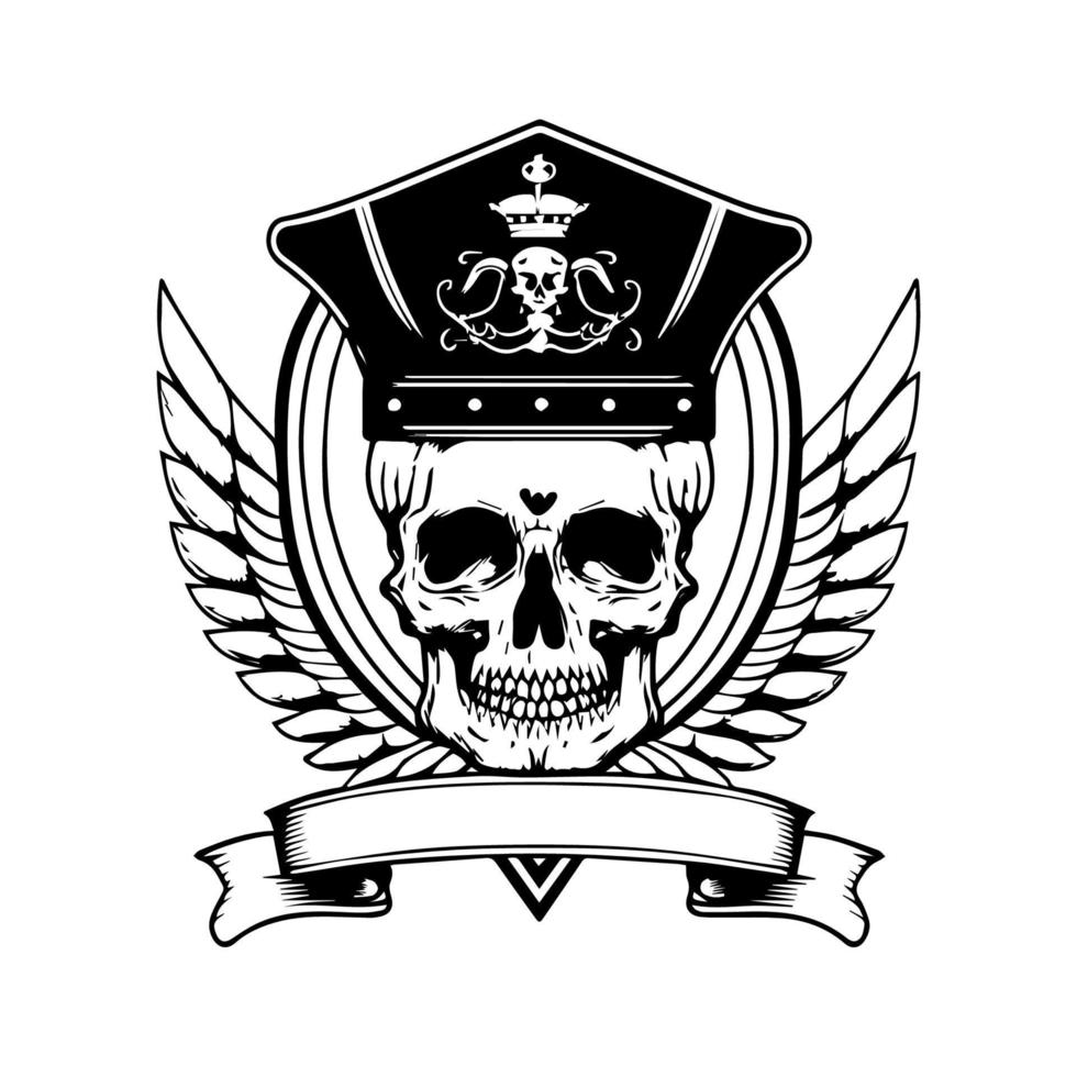 skull head with hat and wings black and white hand drawn illustration vector