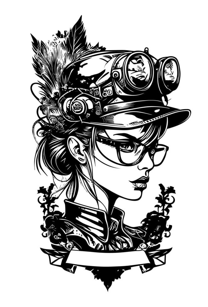 Steampunk beautiful Girl with glasses and hat illustration vector
