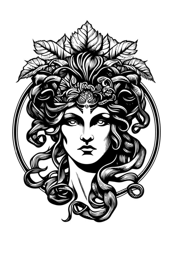 Angry Medusa head hand drawn illustration vector