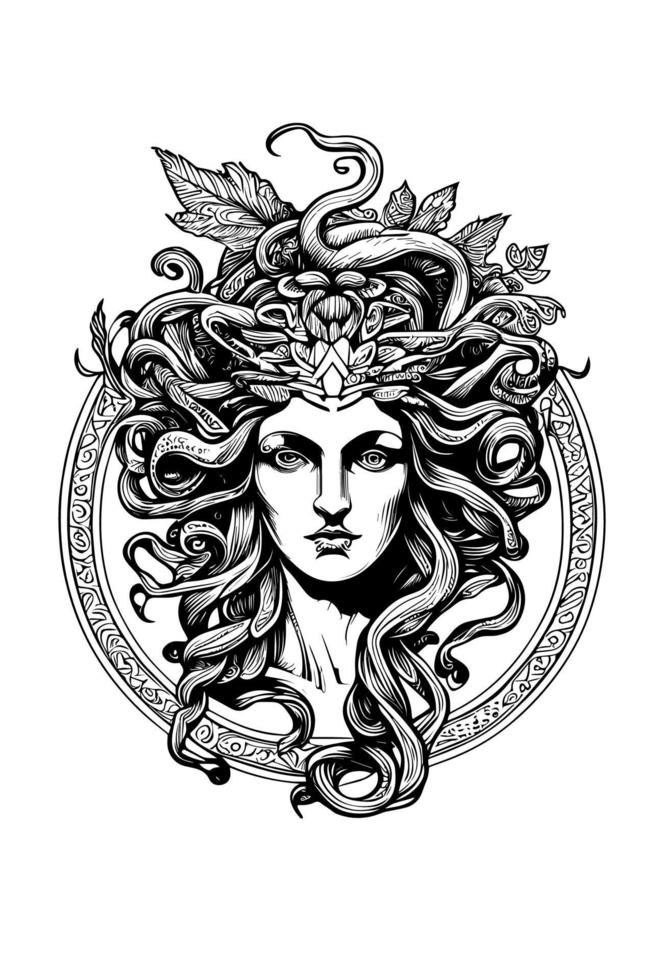 Angry Medusa head hand drawn illustration vector