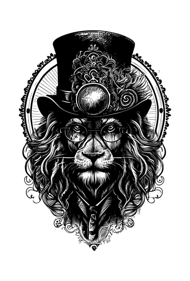 Lion head wearing sunglass and hat steampunk illustration vector