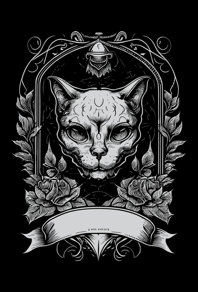 cat head logo with heraldic banner for copy space illustration vector