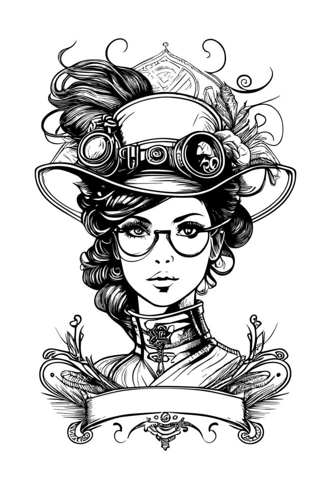 Steampunk beautiful Girl with glasses and hat illustration vector