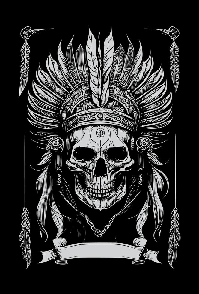 Indian skull black and white hand drawn illustration vector