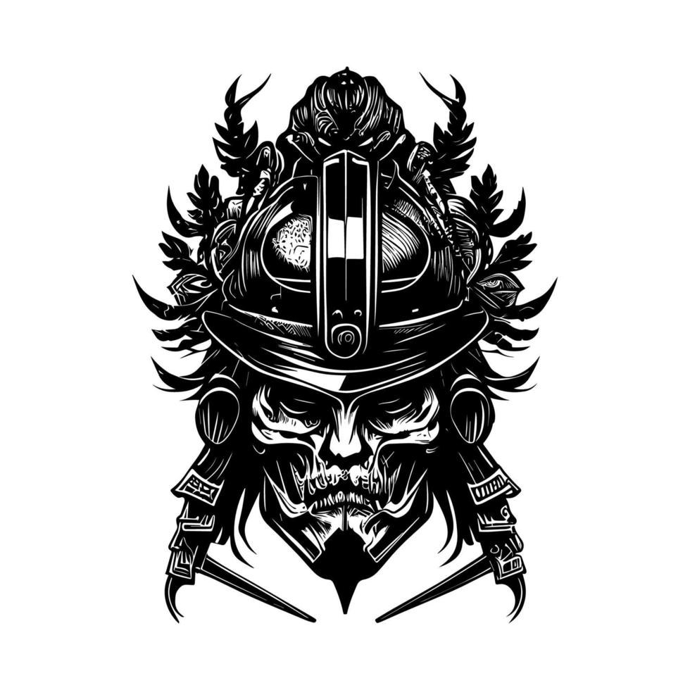 Japanese samurai logo black and white hand drawn illustration vector