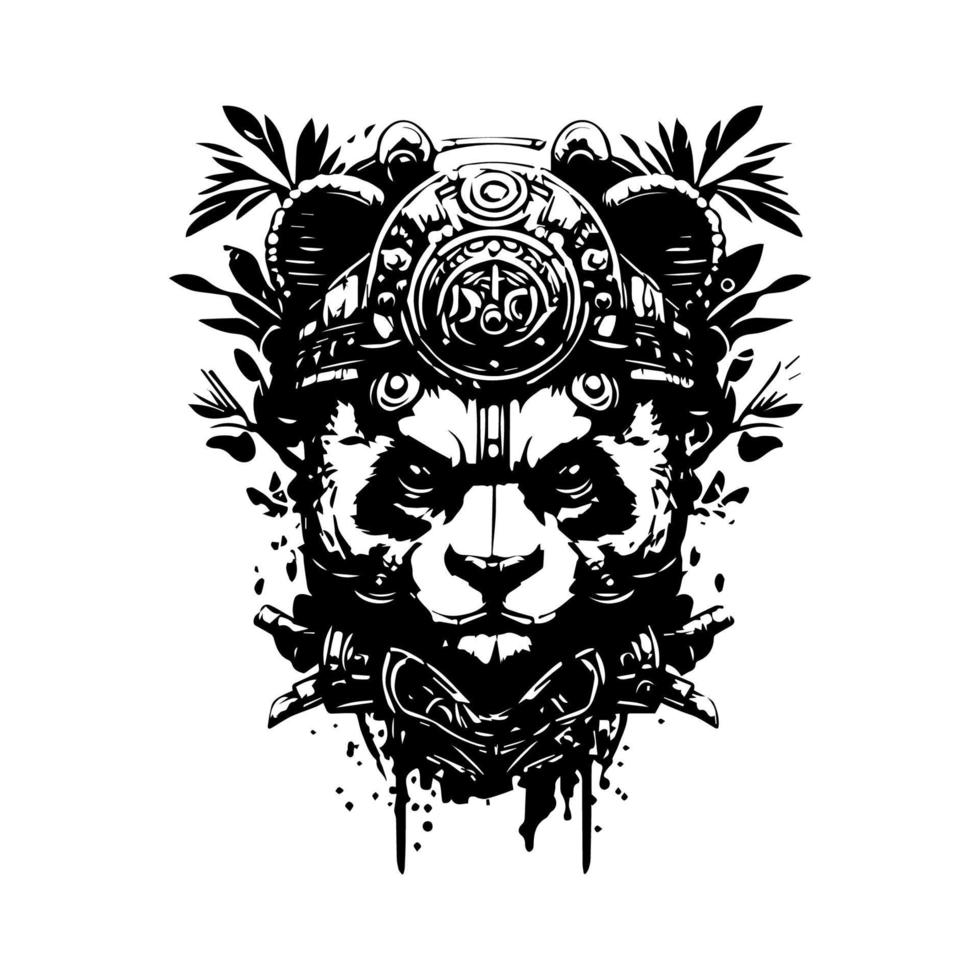 Angry panda logo black and white hand drawn illustration vector