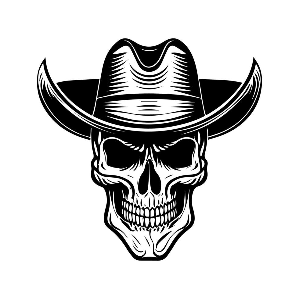 Skull head with cowboy hat hand drawn illustration vector