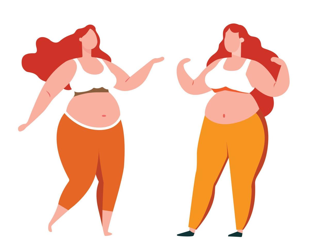 grasa mujer en ejercicio ropa, personaje, vector ilustración.