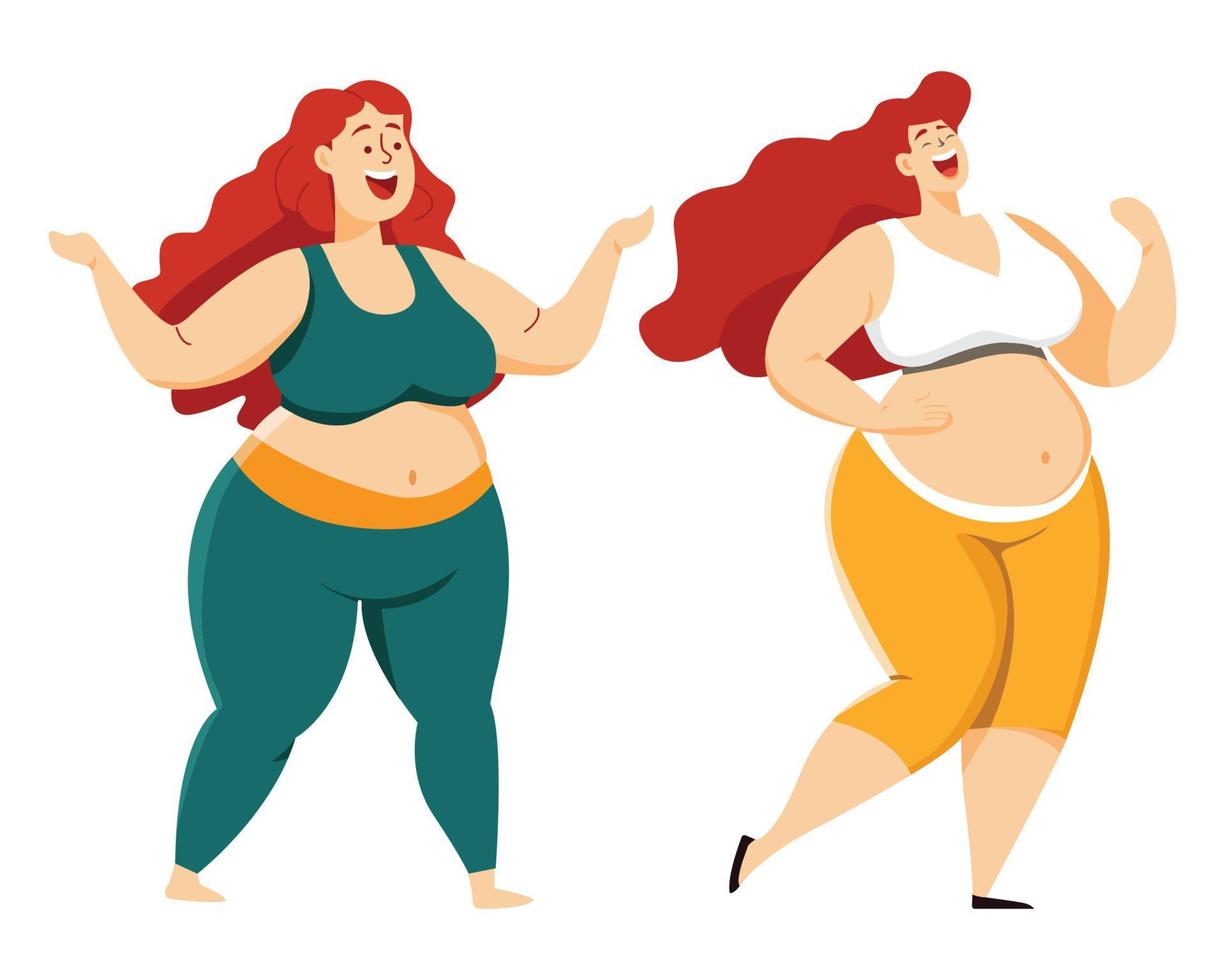 grasa mujer en ejercicio ropa, personaje, vector ilustración.