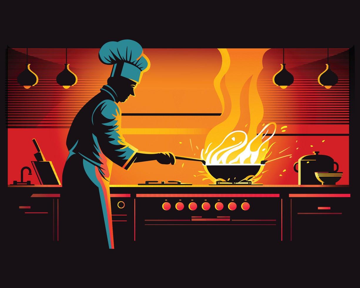 chef cooking, Chef preparing meal in the kitchen, chef at work, vector illustration