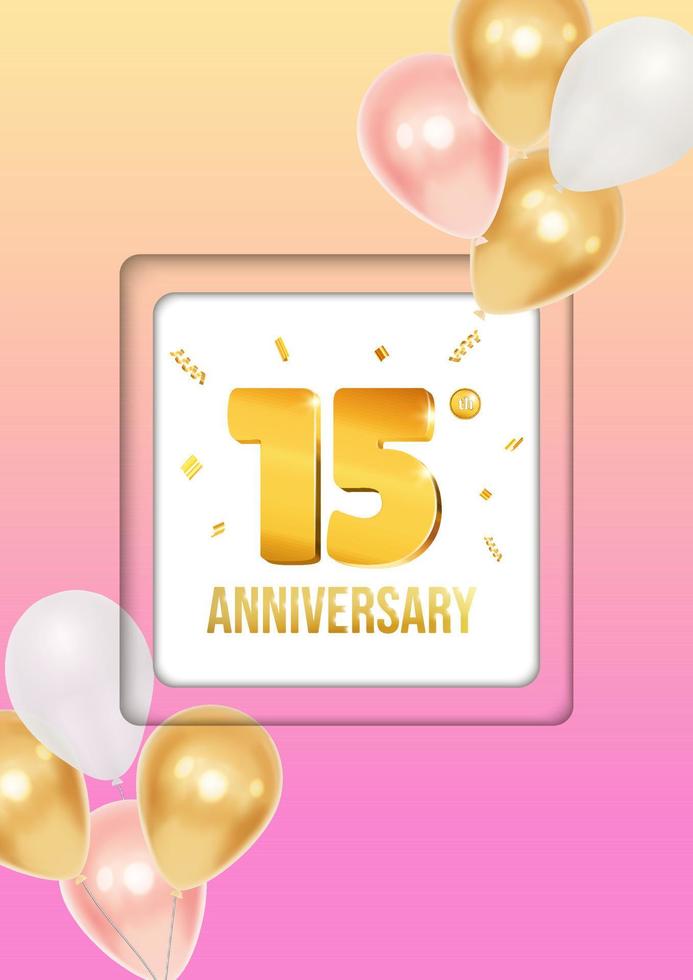 Bright anniversary celebration flyer poster with balloons and golden numbers 15 vector