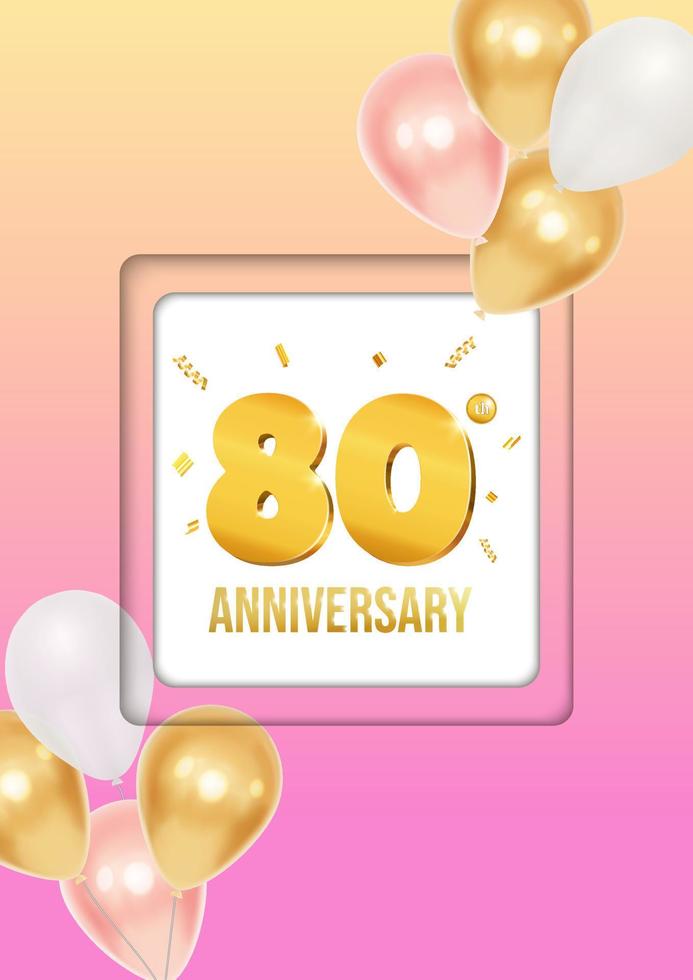 Bright anniversary celebration flyer poster with balloons and golden numbers 80 vector