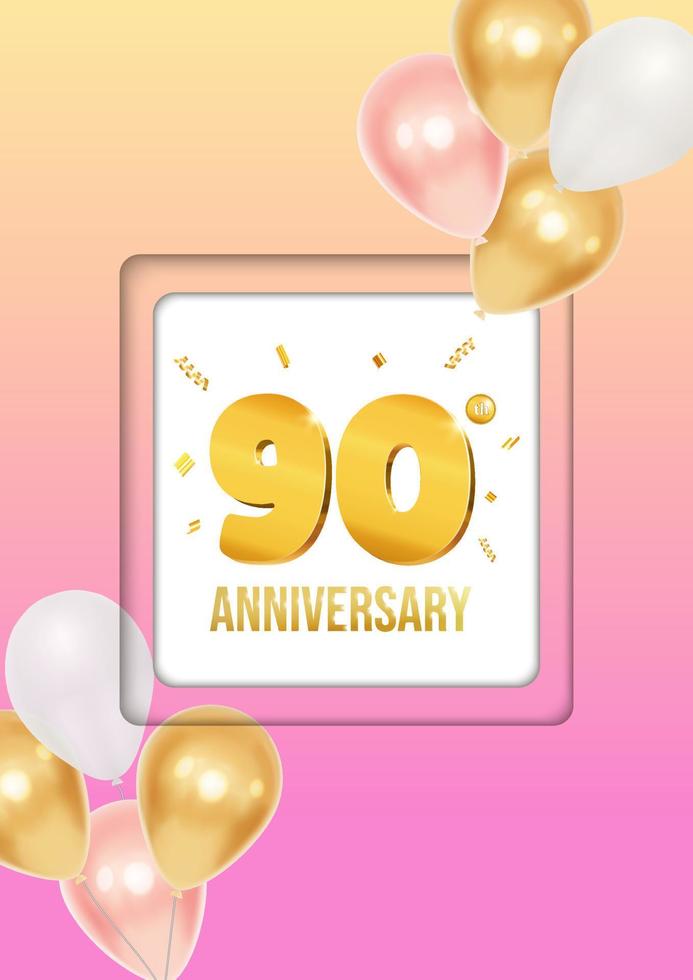 Bright anniversary celebration flyer poster with balloons and golden numbers 90 vector