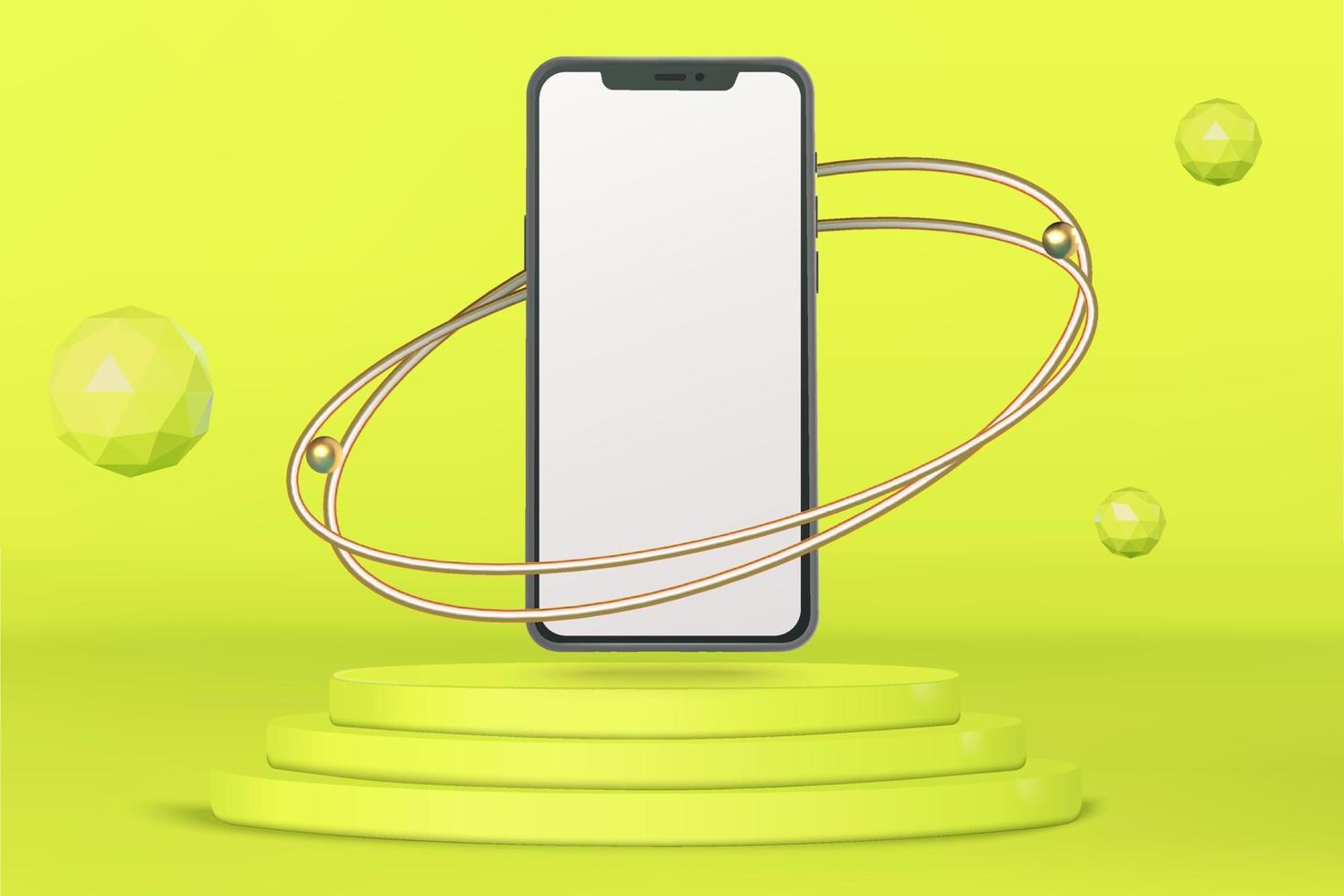 Podium stand with smartphone and golden rings and icospheres vector