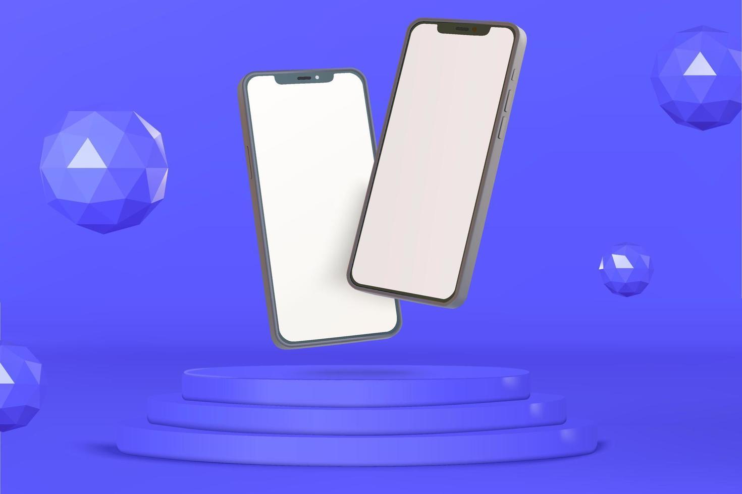 Podium stand display scene with icospheres and smartphones vector